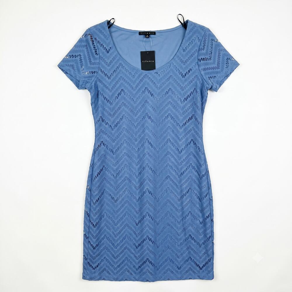 Tiana B Lace Overlay Short Cap Sleeve Sheath Dress Blue Stretch Womens Medium